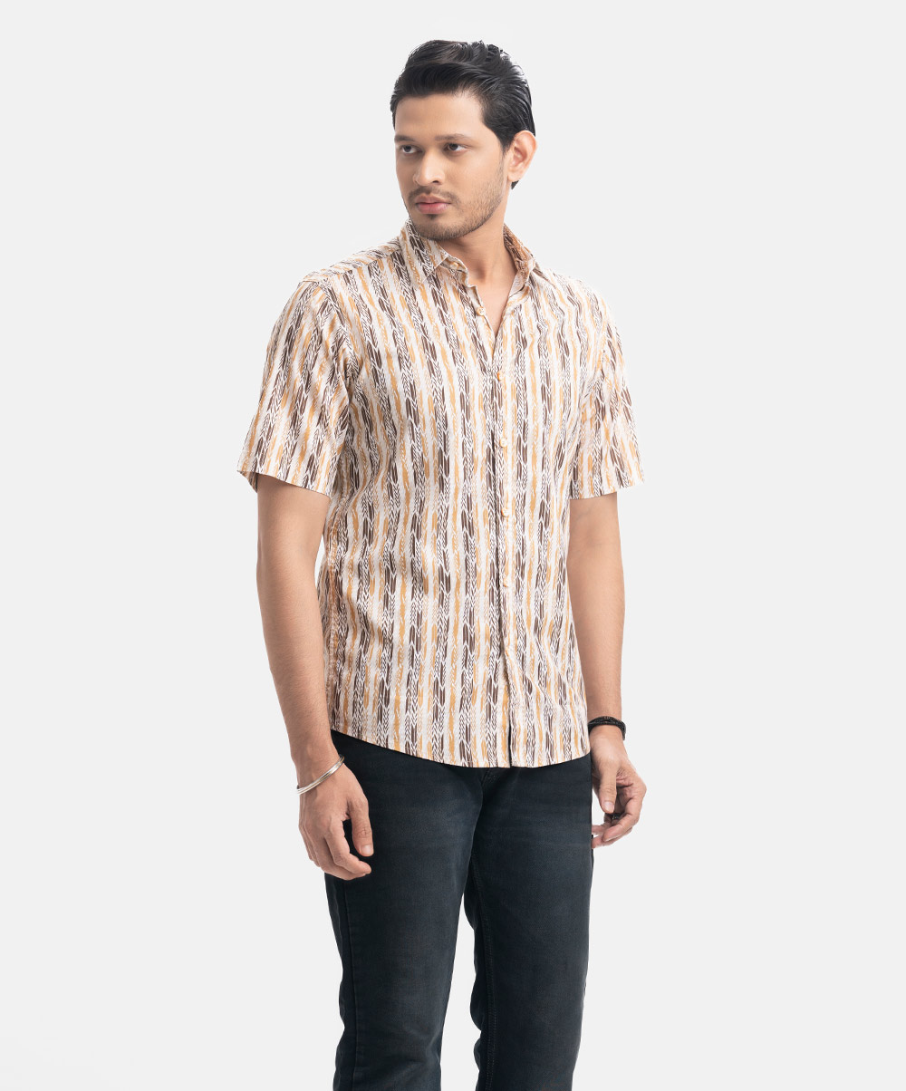 Brown Cotton Short Sleeve Casual Shirt